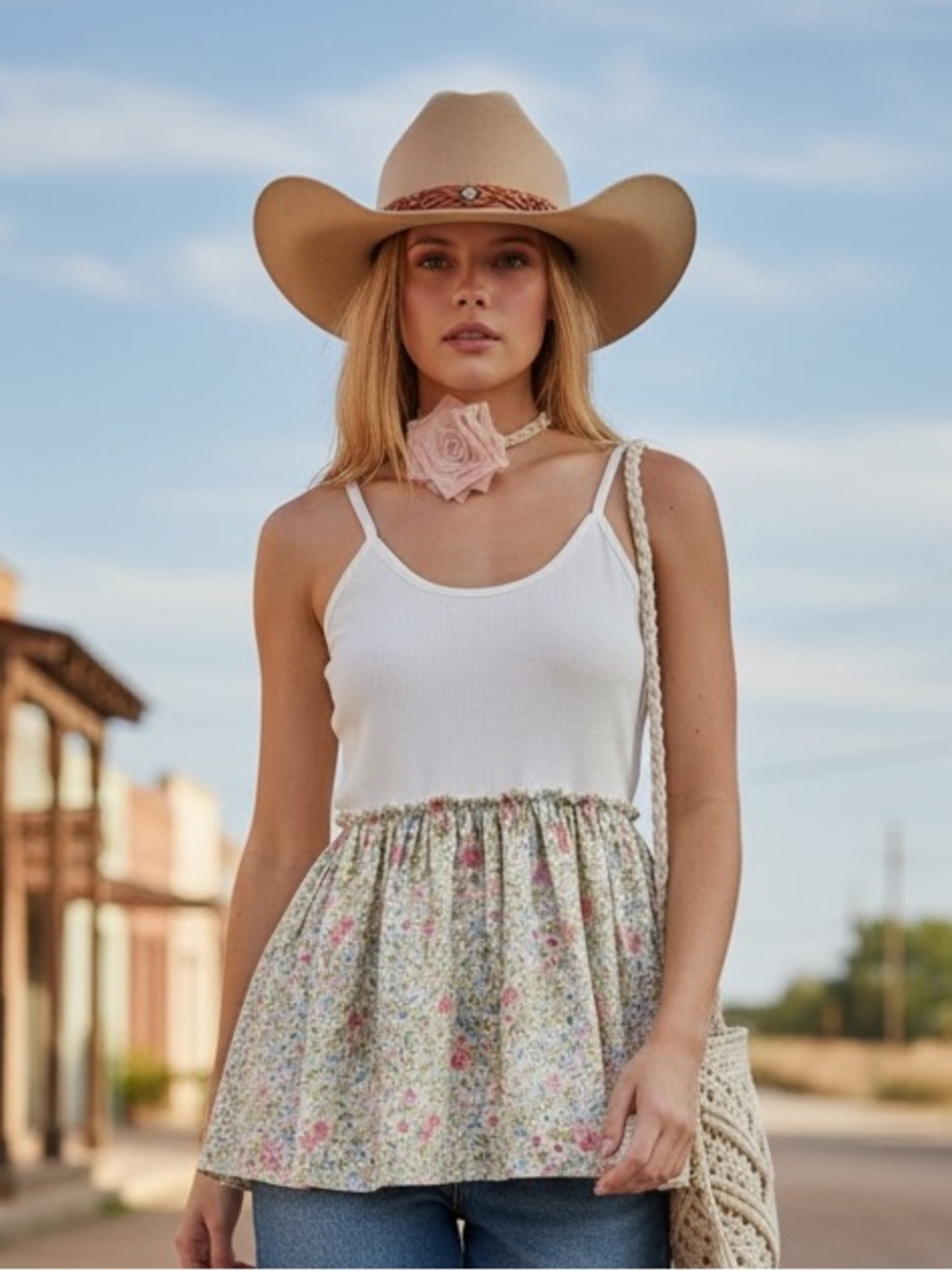 146 • POL Floral Cream and Pink Peplum Tank Top